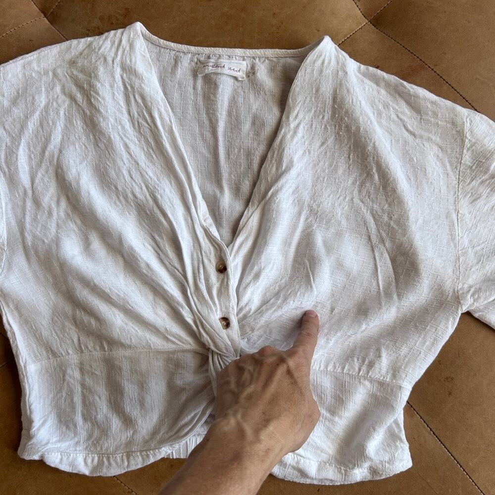 Twist Front Crop Top White Linen Look Romantic Coastal Boho Flutter Sleeve S - Picture 8 of 10